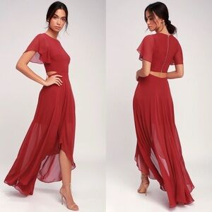 ALI & JAY BOHEMIAN RHAPSODY CUTOUT HIGH LOW FLUTTER SLEEVE RED DRESS